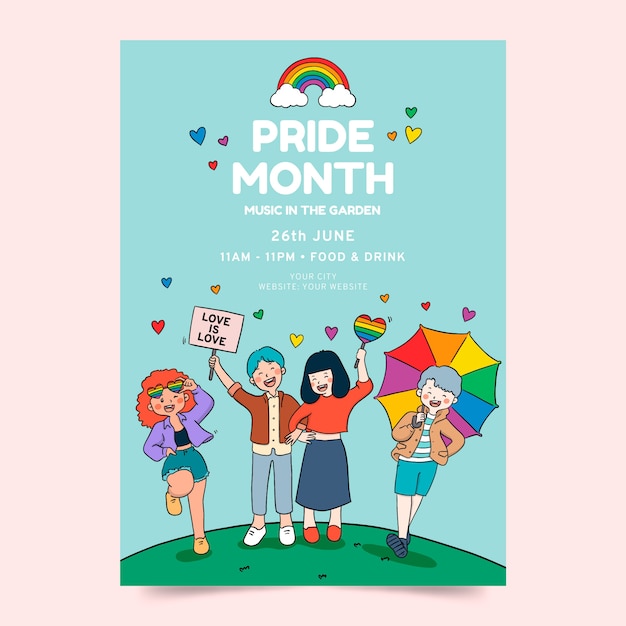 Plantilla de póster vertical lgbt del mes del orgullo dibujado a mano