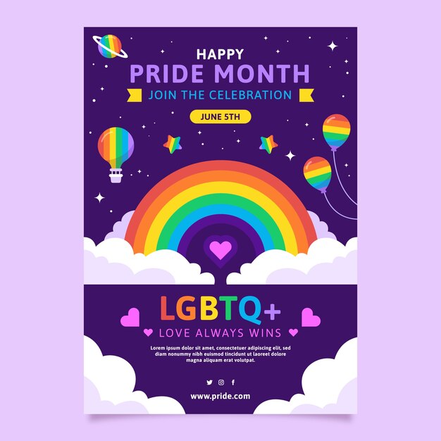 Plantilla de póster vertical lgbt del mes del orgullo plano