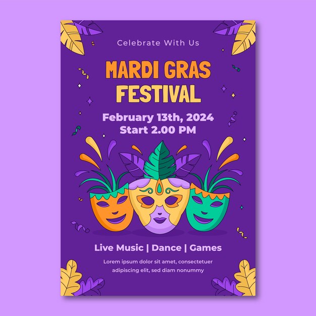 Plantilla de póster vertical de Mardi Gras dibujada a mano