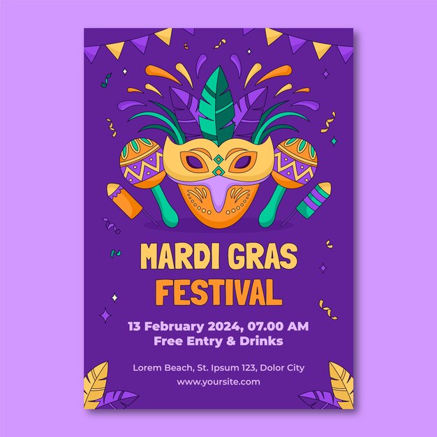 Plantilla de póster vertical de Mardi Gras dibujada a mano