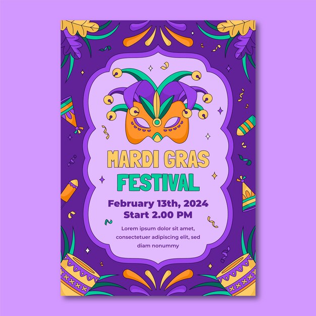 Plantilla de póster vertical de Mardi Gras dibujada a mano