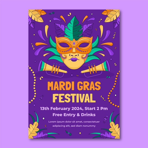 Vector gratuito plantilla de póster vertical de mardi gras dibujada a mano