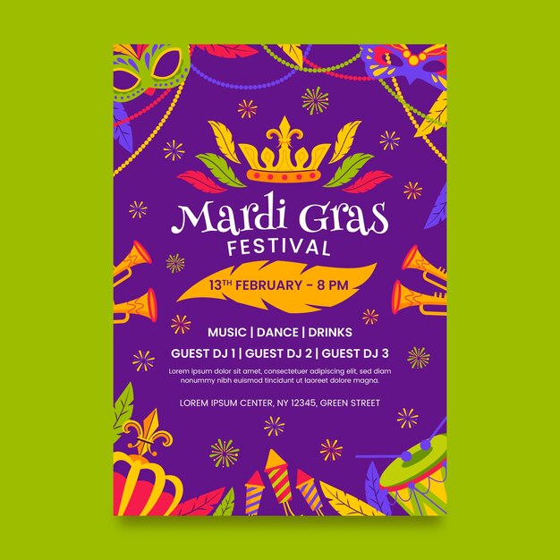 plantilla de póster vertical del mardi gras plano