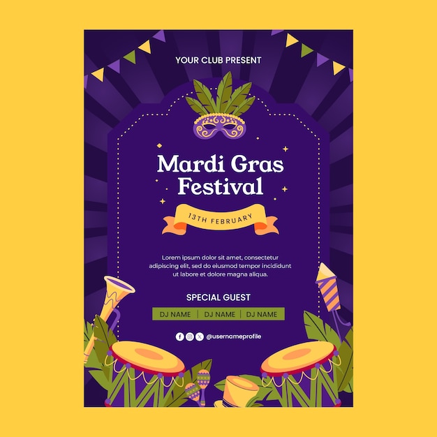 plantilla de póster vertical del mardi gras plano