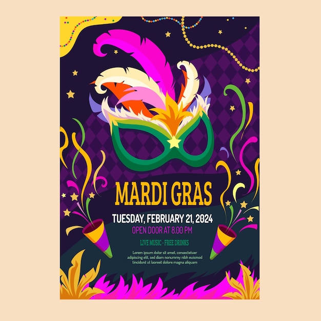 Vector gratuito plantilla de póster vertical del mardi gras plano