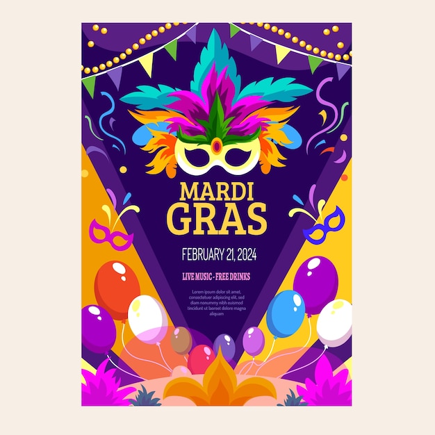 Vector gratuito plantilla de póster vertical del mardi gras plano