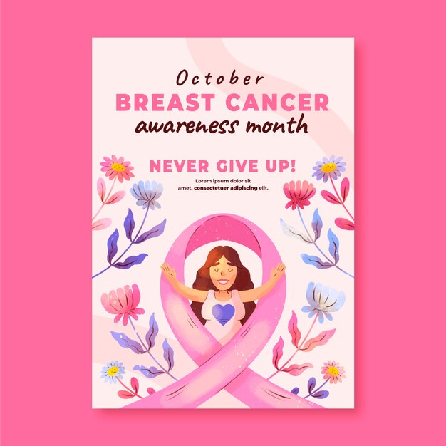 Plantilla de póster vertical del mes de concientización sobre el cáncer de mama en acuarela