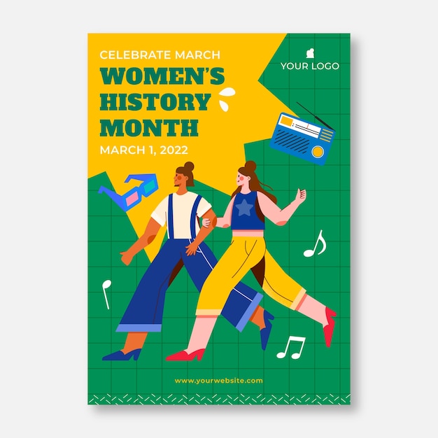 Vector gratuito plantilla de póster vertical del mes de la historia de la mujer plana