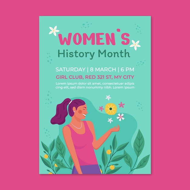 Plantilla de póster vertical del mes de la historia de la mujer plana