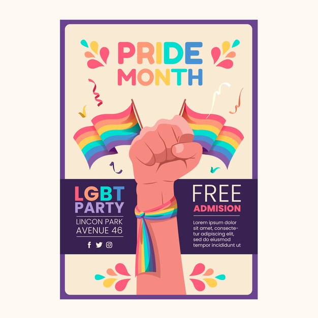 Plantilla de póster vertical del mes del orgullo plano