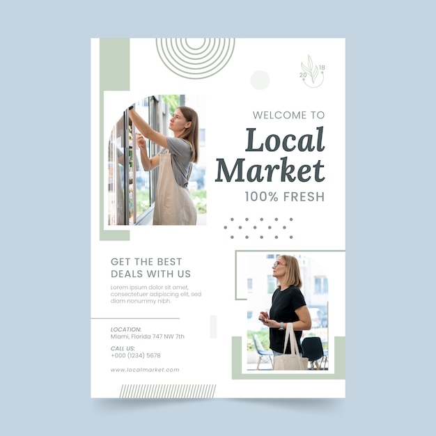 Vector gratuito plantilla de póster vertical de negocios de mercado local plano