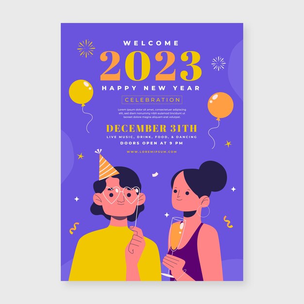 Plantilla de póster vertical plana de año nuevo 2023