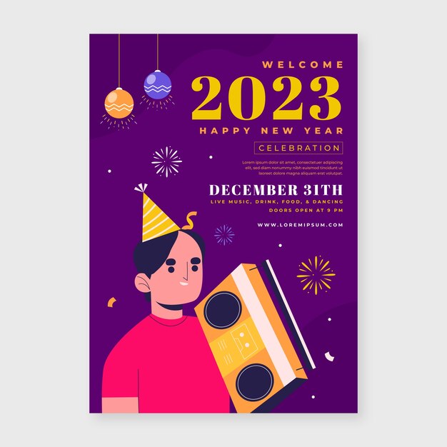 Plantilla de póster vertical plana de año nuevo 2023