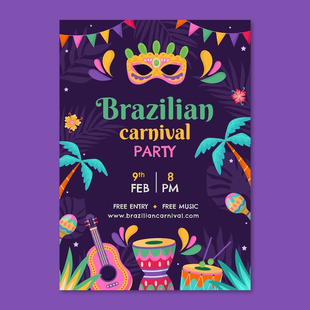 Vector gratuito plantilla de póster vertical plana para la celebración del carnaval brasileño