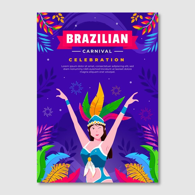 Plantilla de póster vertical plana para la celebración del carnaval brasileño