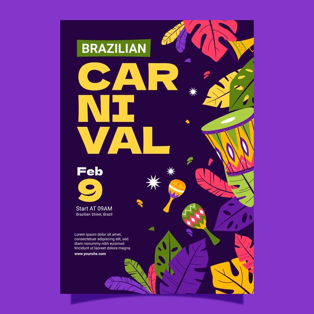 Plantilla de póster vertical plana para la celebración del carnaval brasileño