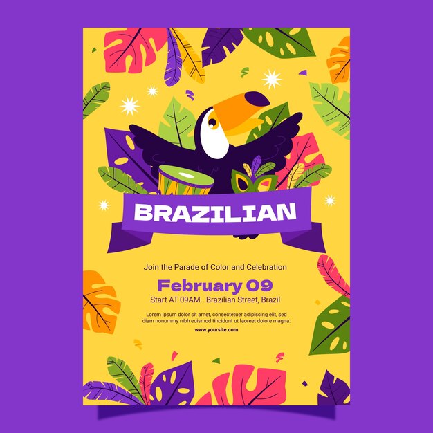 Plantilla de póster vertical plana para la celebración del carnaval brasileño