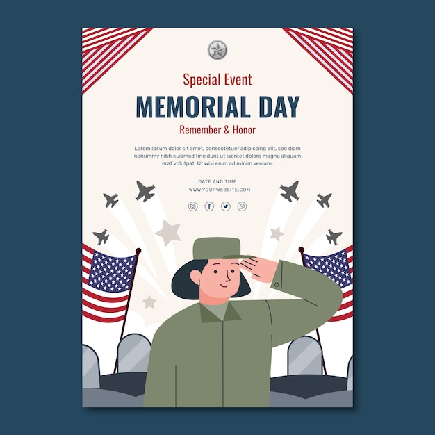 Plantilla de póster vertical plana para la celebración del día conmemorativo de estados unidos