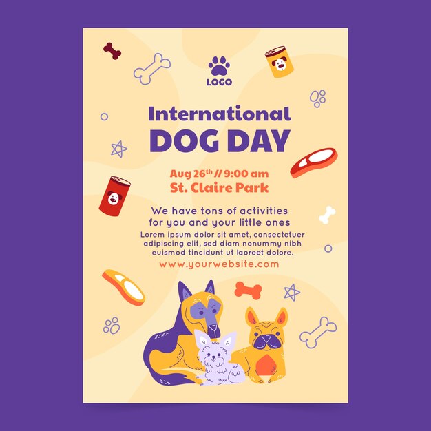Plantilla de póster vertical plana para la celebración del día internacional del perro