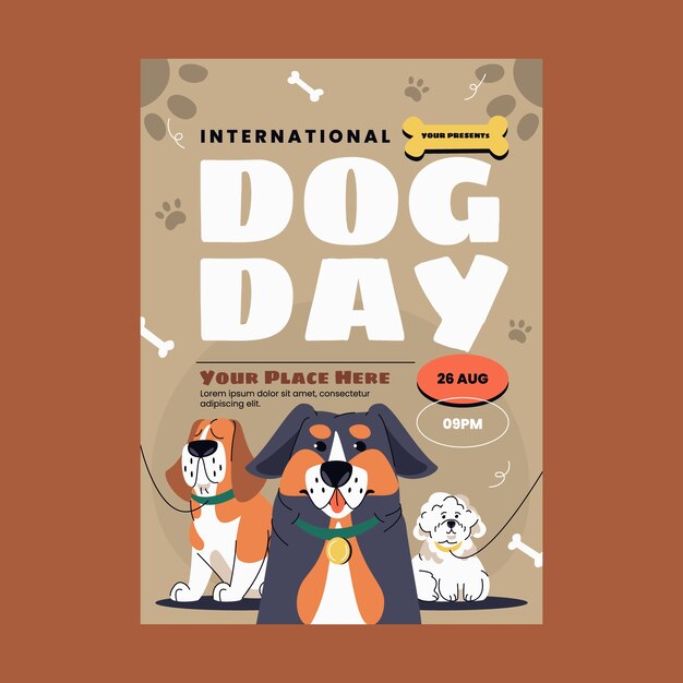 Plantilla de póster vertical plana para la celebración del día internacional del perro
