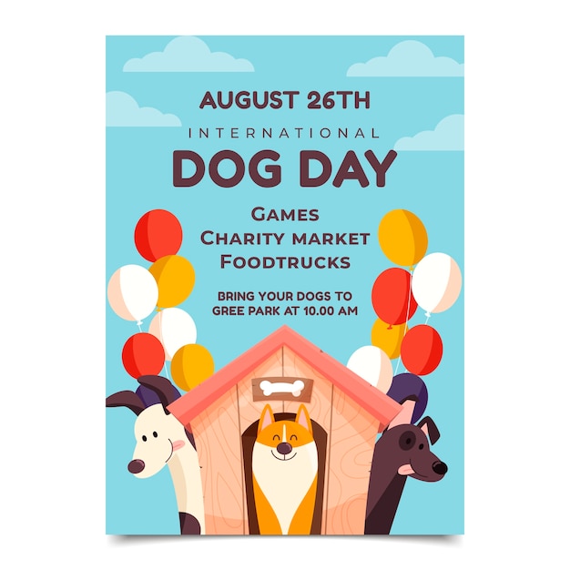 Vector gratuito plantilla de póster vertical plana para la celebración del día internacional del perro