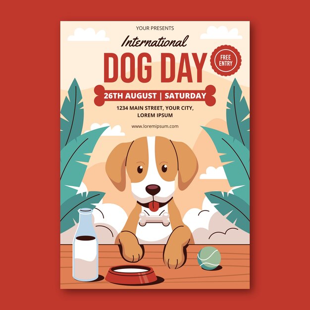 Plantilla de póster vertical plana para la celebración del día internacional del perro