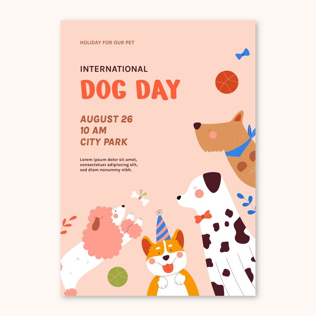 Plantilla de póster vertical plana para la celebración del día internacional del perro