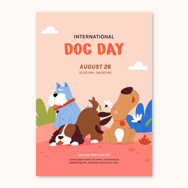 Plantilla de póster vertical plana para la celebración del día internacional del perro