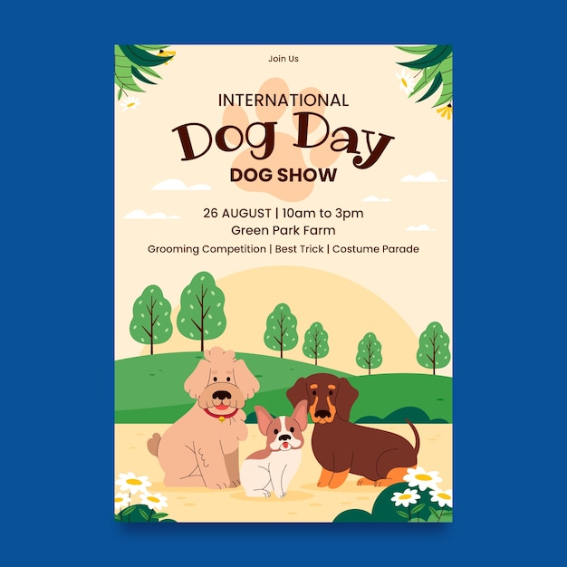 Plantilla de póster vertical plana para la celebración del día internacional del perro