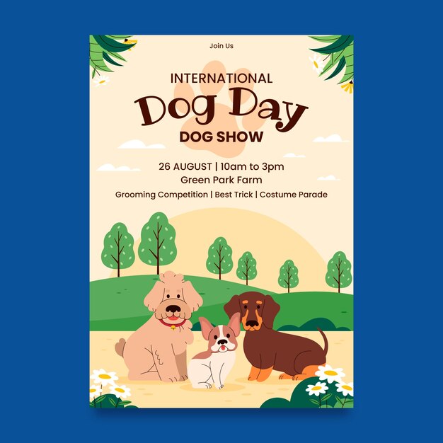 Plantilla de póster vertical plana para la celebración del día internacional del perro
