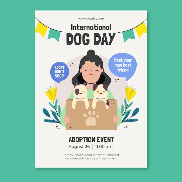 Plantilla de póster vertical plana para la celebración del día internacional del perro