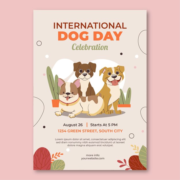 Plantilla de póster vertical plana para la celebración del día internacional del perro