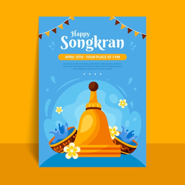 Plantilla de póster vertical plana para la celebración del festival del agua de songkran