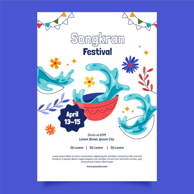 Plantilla de póster vertical plana para la celebración del festival del agua de songkran