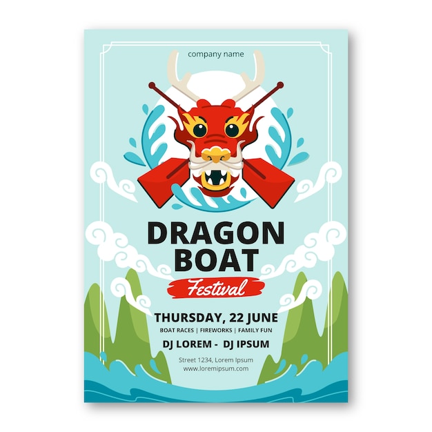 Vector gratuito plantilla de póster vertical plana para la celebración del festival del barco del dragón chino