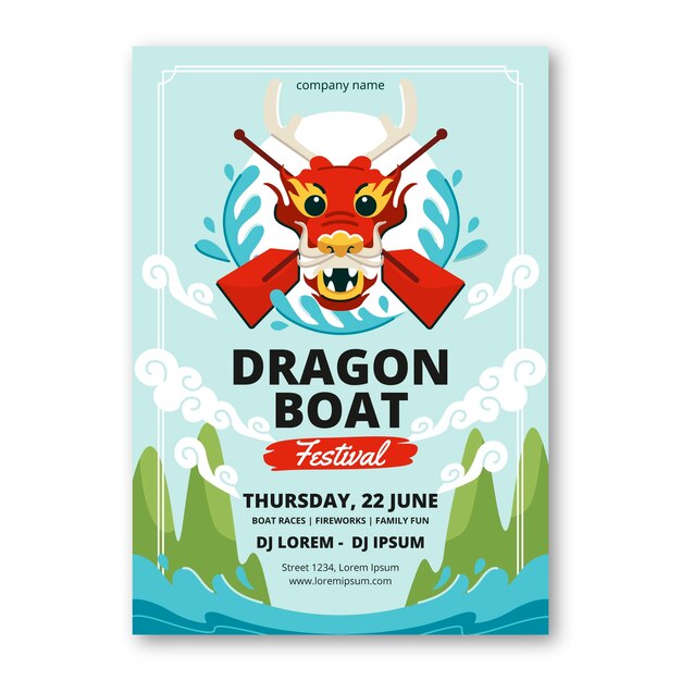 Plantilla de póster vertical plana para la celebración del festival del barco del dragón chino