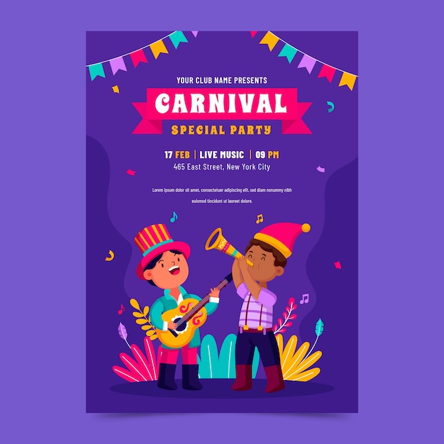 Vector gratuito plantilla de póster vertical plana para la celebración de la fiesta del carnaval