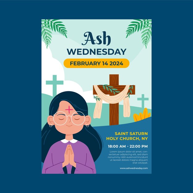 Plantilla de póster vertical plana para la celebración religiosa del miércoles de ceniza