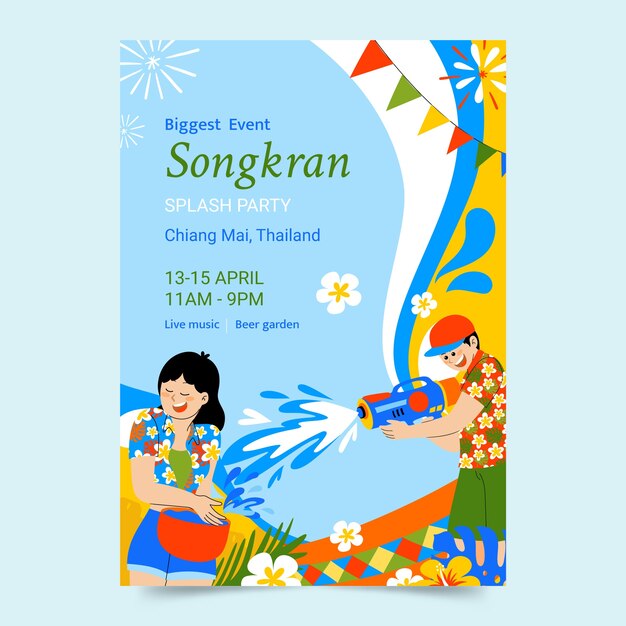 Plantilla de póster vertical plana para el festival del agua de songkran