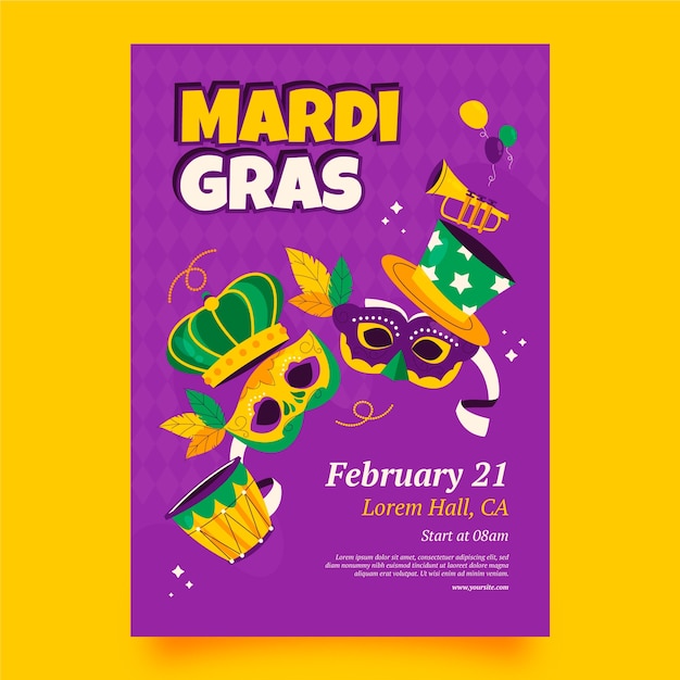 Vector gratuito plantilla de póster vertical plana para festival de mardi gras