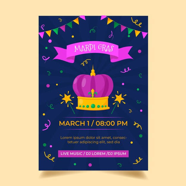 Plantilla de póster vertical plana para festival de mardi gras