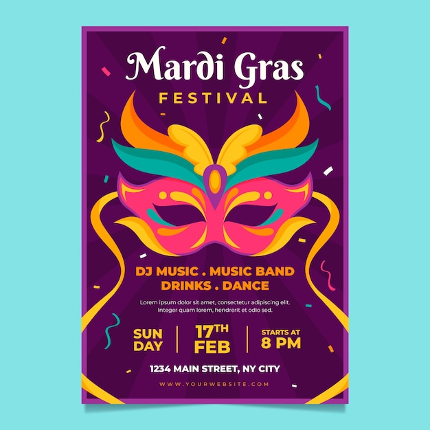 Vector gratuito plantilla de póster vertical plana para festival de mardi gras