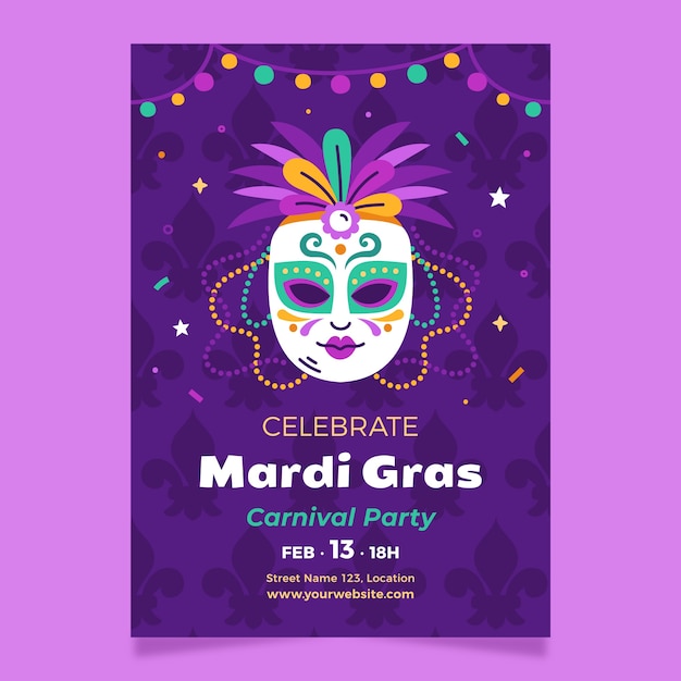 Plantilla de póster vertical plana para el festival de Mardi Gras