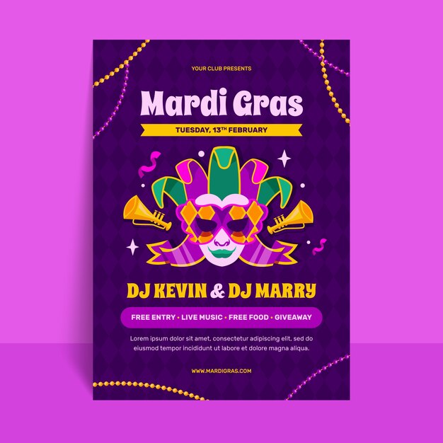 Vector gratuito plantilla de póster vertical plana para el festival de mardi gras