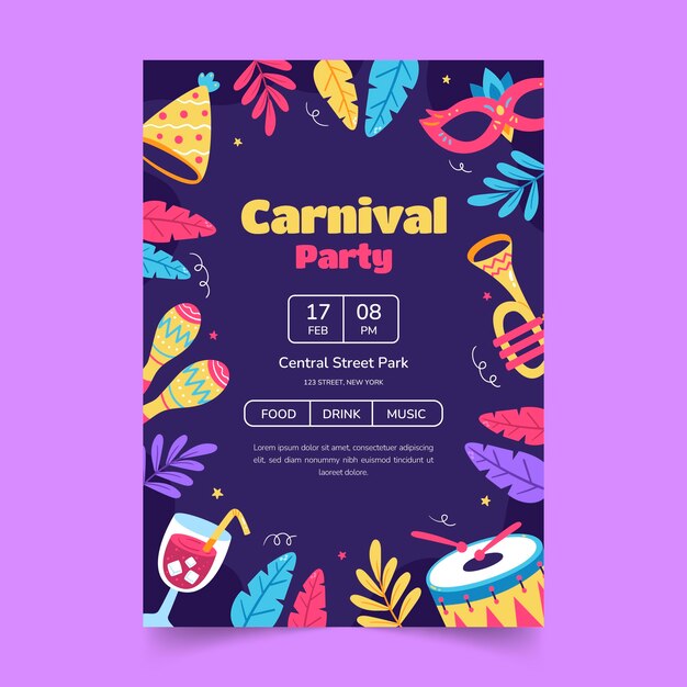 Plantilla de póster vertical plana para una fiesta de carnaval