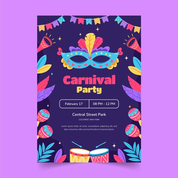 Plantilla de póster vertical plana para una fiesta de carnaval