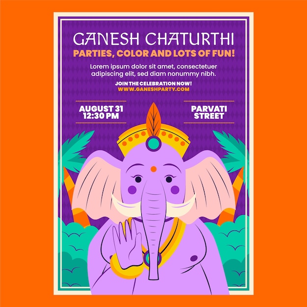 Vector gratuito plantilla de póster vertical plana de ganesh chaturthi con elefante