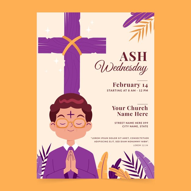 plantilla de póster vertical plana para el miércoles de ceniza religioso día santo