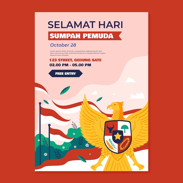 Vector gratuito plantilla de póster vertical plana para el sumpah pemuda indonesio