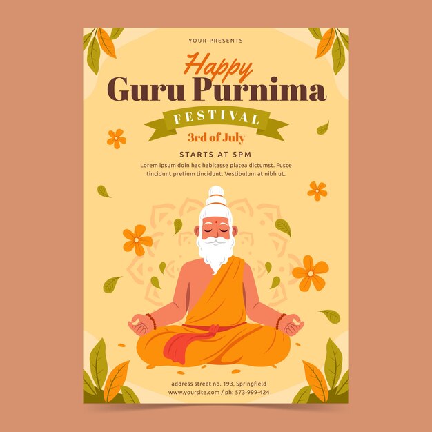 Plantilla de póster vertical plano para la adoración de guru purnima